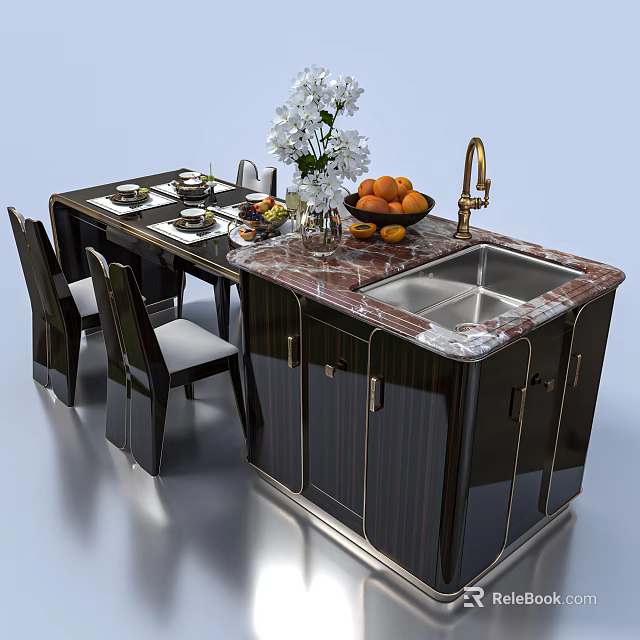 Modern Dining Table Set With Marble Countertop Island Sink Faucet And Chairs 3d model 