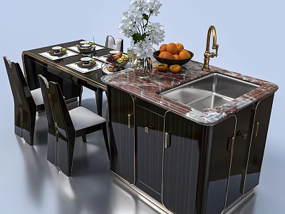 Modern Dining Table Set With Marble Countertop Island Sink Faucet And Chairs 3d model