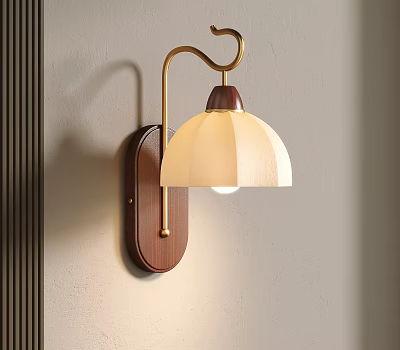 Modern Minimalist Brass and Wooden Wall Lamp with White Lampshade for Indoor Decor 3d model