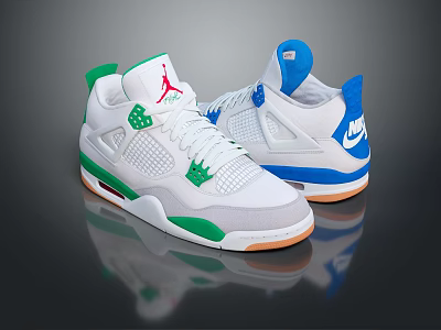 White Green Blue High Top Jordan Nike Shoes With Jumpman Logo And Orange Sole 3d model