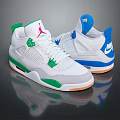 White Green Blue High Top Jordan Nike Shoes With Jumpman Logo And Orange Sole