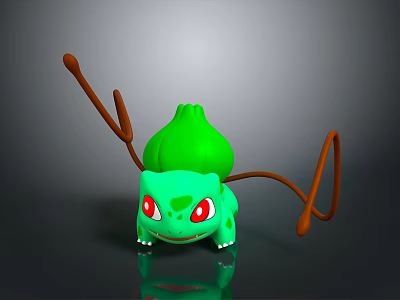 Bulbasaur 3D Model With Green Body Red Eyes Brown Vine Tail On Dark Background 3d model