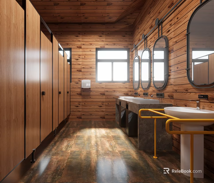 Modern Public Restroom With Wooden Walls Cubicles Sinks And Mirrors 3d model 