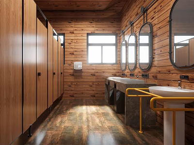 Modern Public Restroom With Wooden Walls Cubicles Sinks And Mirrors 3d model
