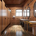 Modern Public Restroom With Wooden Walls Cubicles Sinks And Mirrors