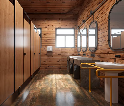 Modern Public Restroom With Wooden Walls Cubicles Sinks And Mirrors 3d model