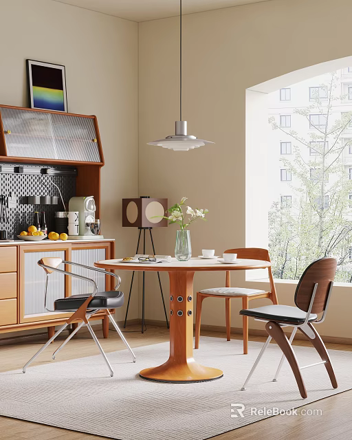 Modern Wooden Dining Table Set with Pendant Light Vase Flowers and Kitchen Cabinets 3d model 