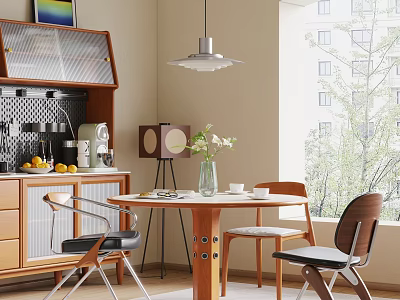 Modern Wooden Dining Table Set with Pendant Light Vase Flowers and Kitchen Cabinets 3d model