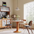 Modern Wooden Dining Table Set with Pendant Light Vase Flowers and Kitchen Cabinets