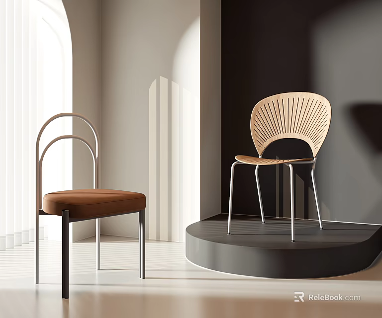 Modern Leisure Chairs Featuring Curved Metal Frame Woven Back And Brown Cushion In Interior Setting 3d model 
