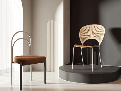 Modern Leisure Chairs Featuring Curved Metal Frame Woven Back And Brown Cushion In Interior Setting 3d model