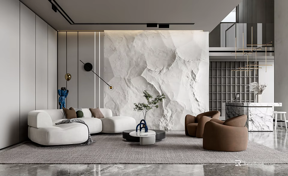 Modern Living Room Interior With White Sofa Brown Armchairs Marble Wall And Green Plant 3d model 