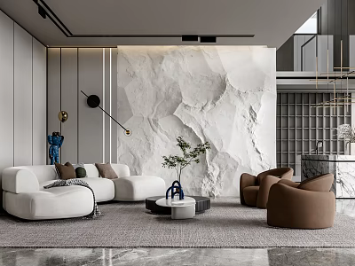 Modern Living Room Interior With White Sofa Brown Armchairs Marble Wall And Green Plant 3d model
