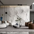 Modern Living Room Interior With White Sofa Brown Armchairs Marble Wall And Green Plant