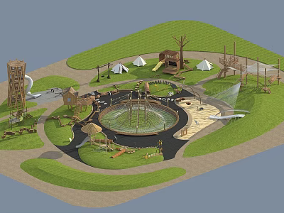 Scenic Park Landscape With Central Fountain Green Lawns Playground Tents And Observation Tower 3d model