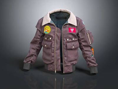 Brown Bomber Jacket with Fleece Collar Multiple Pockets and Decorative Patches 3d model