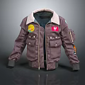 Brown Bomber Jacket with Fleece Collar Multiple Pockets and Decorative Patches