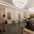 Spacious Bright Hotel Public Lounge With White Sofas Marble Flooring Chandeliers And Decorative Paintings