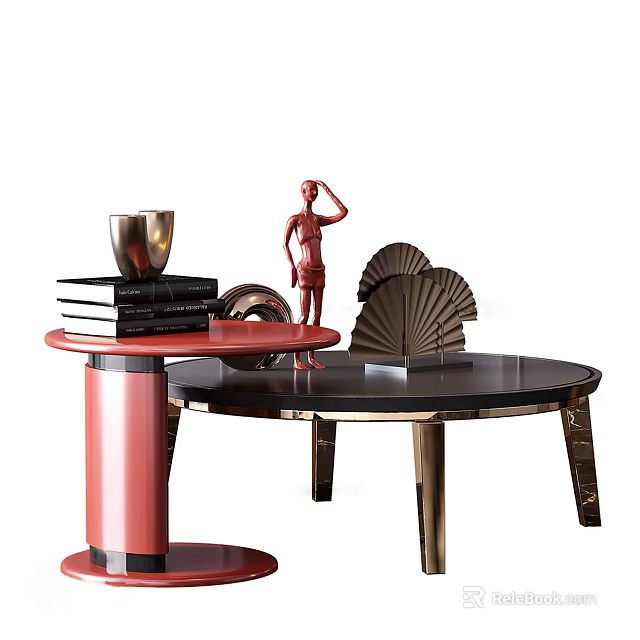 Stylish Round Coffee Table With Red Pedestal And Decorative Objects 3d model