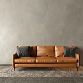 Brown Leather Three Seater Sofa With Gray Wall And Floor Lamp 3d model