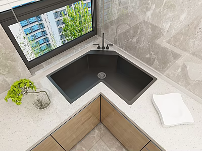 Modern Kitchen With Black L Shaped Sink Light Countertop Marble Wall And Window Green View 3d model