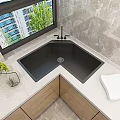Modern Kitchen With Black L Shaped Sink Light Countertop Marble Wall And Window Green View