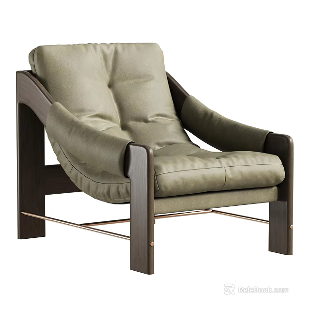 Modern Light Green Leather Leisure Chair With Dark Wooden Frame And Metal Base 3d model 
