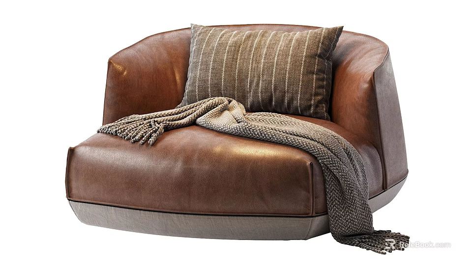 Modern Brown Leather Single Sofa With Gray Base Striped Pillow And Cozy Throw Blanket 3d model 