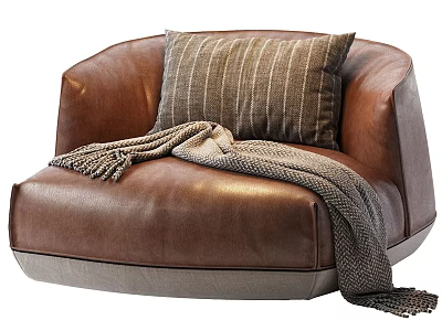 Modern Brown Leather Single Sofa With Gray Base Striped Pillow And Cozy Throw Blanket 3d model