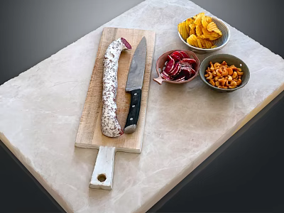 Marble Countertop With Wooden Board Salami Chef Knife Bowls Of Chips Red Veggies And Nuts 3d model