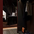 Elegant Clothing Store Interior With Red Walls Chandeliers Dark Shelves Mannequin Hanging Clothes