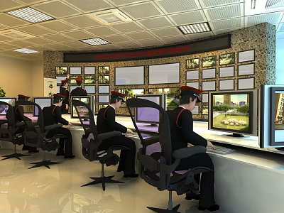 Monitoring Room With Multiple Monitoring Screens And Operators Operating Control Consoles 3d model