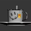 Silver Cup With Label Containing Dark Liquid And Metal Spoon On White Wavy Edge Plate
