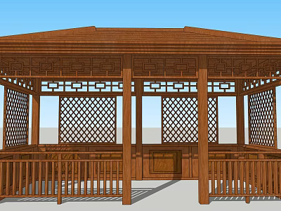 Traditional Chinese Wooden Pavilion with Carved Lattice Panels and Wooden Railings Under Sloped Roof Design 3d model