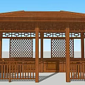 Traditional Chinese Wooden Pavilion with Carved Lattice Panels and Wooden Railings Under Sloped Roof Design