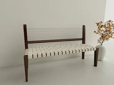 Modern Minimalist Leisure Chair with Dark Wood Frame White Woven Seat and Dried Flower Vase 3d model