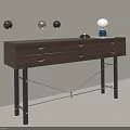 Modern Walnut Wood Console Table With Metal Legs Drawers And Decorative Balls Lamp