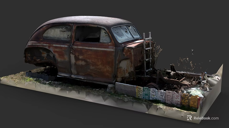 Rusty Old Abandoned Car With Weathered Exterior And Surrounding Weeds 3d model 