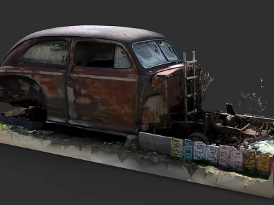 Rusty Old Abandoned Car With Weathered Exterior And Surrounding Weeds 3d model