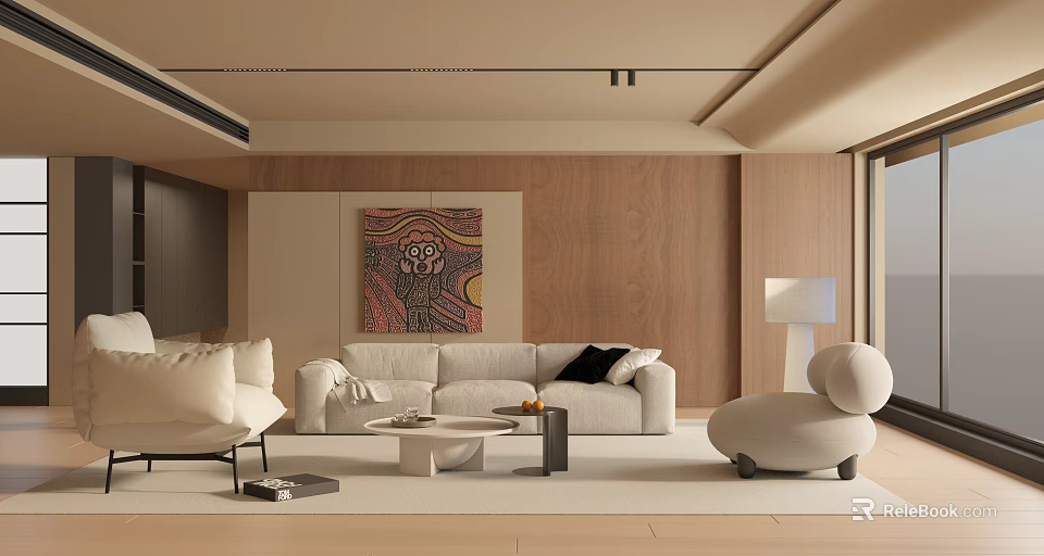 Modern Living Room Interior With Beige Sofa Artwork Wooden Walls And Floor Lamp 3d model 