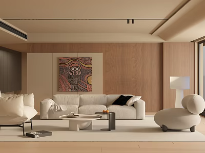 Modern Living Room Interior With Beige Sofa Artwork Wooden Walls And Floor Lamp 3d model