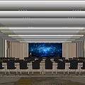 Modern Conference Room With Large LED Screen Arranged Seats And Ceiling Lights