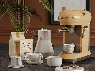 Vintage Kitchen Counter With MEG Coffee Machine Cups Cream Jug And Cookies 3d model