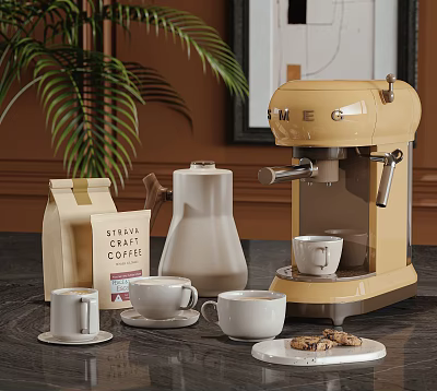 Vintage Kitchen Counter With MEG Coffee Machine Cups Cream Jug And Cookies 3d model