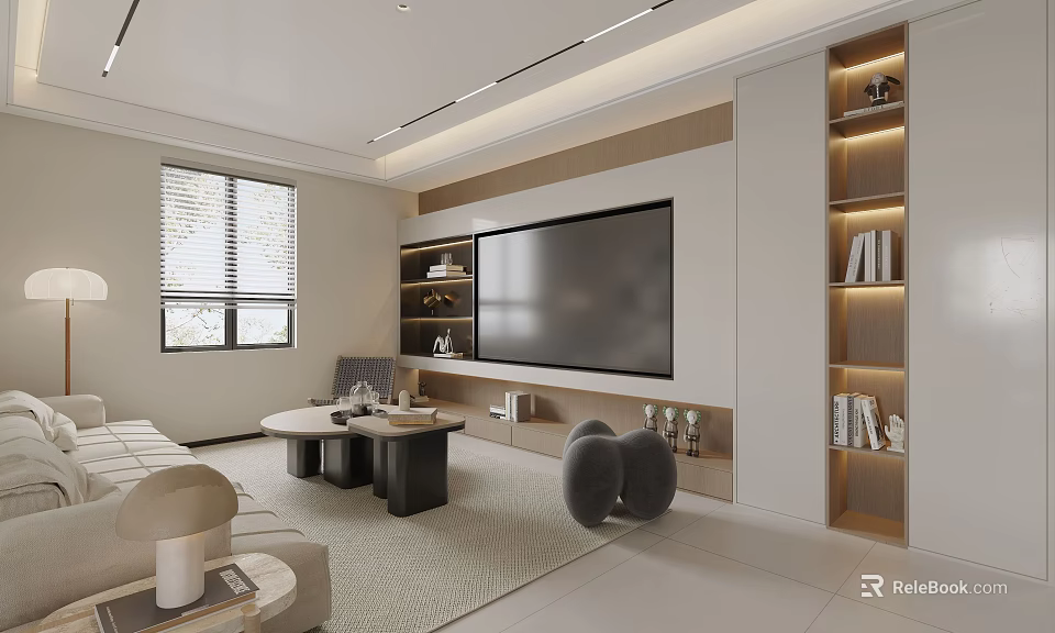Modern Living Dining Room Interior With Sofa Coffee Table TV Wall Bookshelves And Recessed Lighting 3d model 