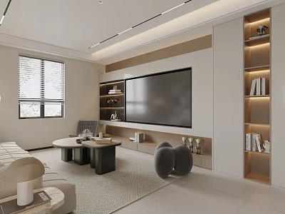 Modern Living Dining Room Interior With Sofa Coffee Table TV Wall Bookshelves And Recessed Lighting 3d model