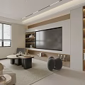 Modern Living Dining Room Interior With Sofa Coffee Table TV Wall Bookshelves And Recessed Lighting