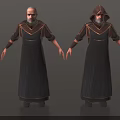 Elderly Game Character In Dark Robe With Hooded And Unhooded Outfits