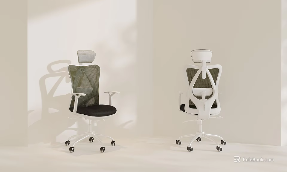 Modern Green and White Mesh Office Chairs with Swivel Base and Adjustable Arms 3d model 