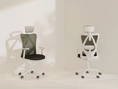 Modern Green and White Mesh Office Chairs with Swivel Base and Adjustable Arms 3d model